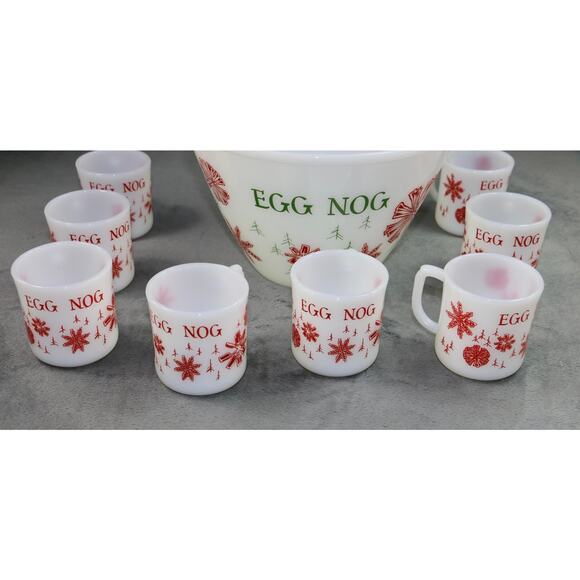 Vintage Fire King Snowflake Egg Nog Bowl and 8 Cups Anchor Hocking - Picture 7 of 12